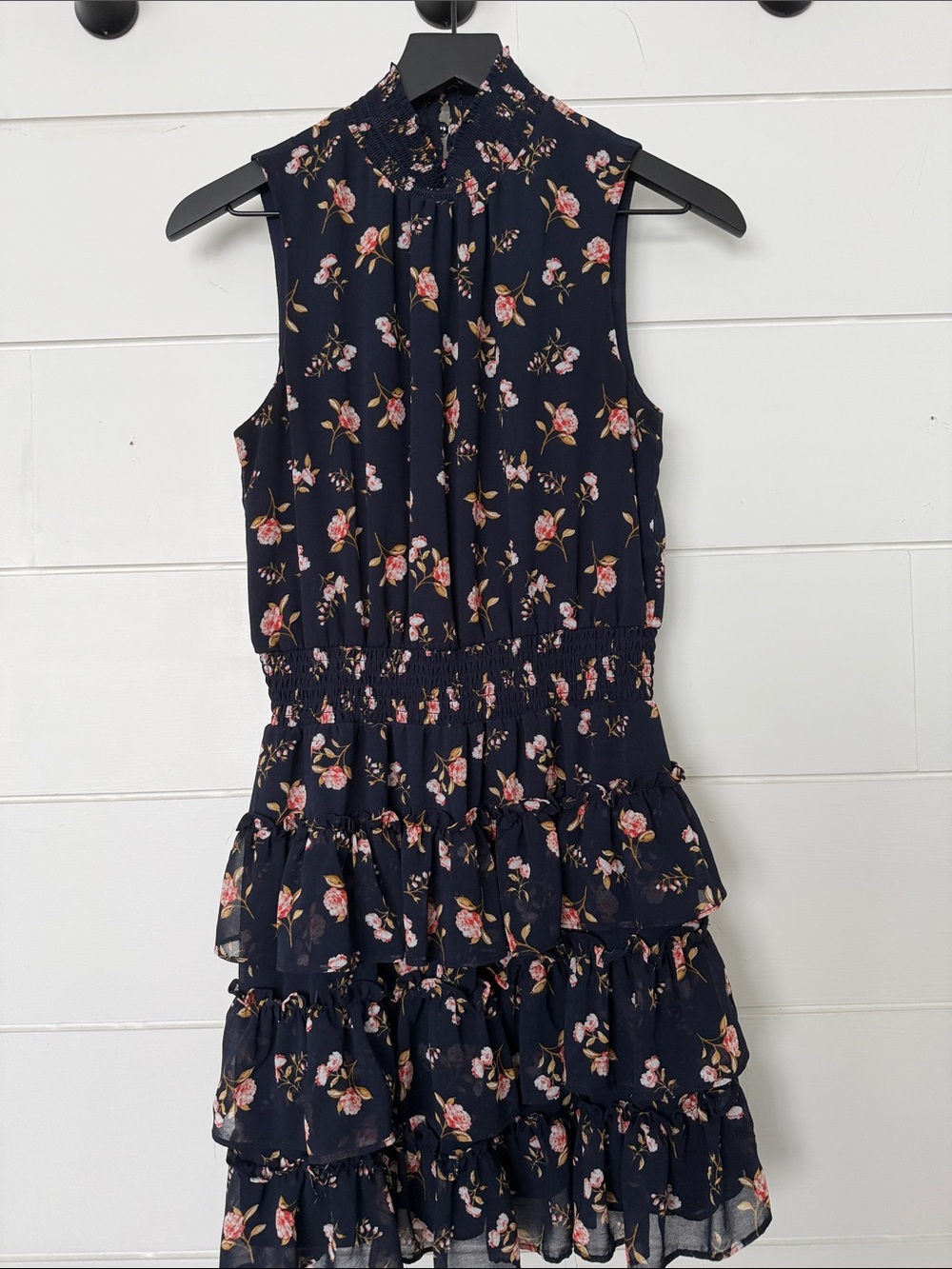 1. State Navy Floral Smocked Waist Tiered Ruffle Dress